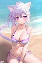 Rule 34 | 1girl, ahoge, alternate hairstyle, animal ear fluff, animal ears, bare arms, bare shoulders, beach, bikini, blush, breasts, cat ears, cat girl, cat tail, cleavage, closed mouth, commentary request, crossed bangs, double-parted bangs, hair between eyes, halterneck, highres, hololive, large breasts, looking at viewer, medium hair, neco meito, nekomata okayu, oozora subaru, oozora subaru (hololive summer 2019), purple bikini, purple eyes, side-tie bikini bottom, sitting, smile, solo, striped bikini, striped clothes, swimsuit, tail, thong bikini, two-tone bikini, v-shaped eyebrows, virtual youtuber