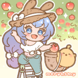 Rule 34 | 1girl, :d, absurdly long hair, animal ears, apple, artist name, azur lane, basket, bird, blue eyes, blue hair, blush stickers, breasts, casual, chibi, chick, cleavage, commentary request, denim, fake animal ears, food, fruit, full body, hat, holding, holding food, holding fruit, hoshimiya mery, jeans, ladder, large breasts, long hair, looking at another, manjuu (azur lane), midriff, navel, new jersey (azur lane), open mouth, pants, picking fruit, rabbit ears, shirt, short sleeves, sidelocks, smile, straw hat, tied shirt, very long hair, white shirt