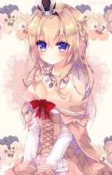 Rule 34 | 1girl, blonde hair, blue eyes, blush, bow, braid, breasts, cleavage, corset, crown, flower, french braid, hair between eyes, jewelry, kantai collection, long hair, long sleeves, medium breasts, mini crown, necklace, nemuri nemu, off shoulder, red bow, red flower, red rose, rose, sitting, solo, twitter username, warspite (kancolle), white sleeves