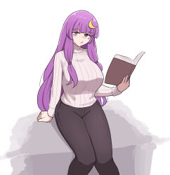 Rule 34 | 1girl, absurdres, blunt bangs, book, breasts, crescent, crescent hair ornament, hair ornament, highres, large breasts, legs together, long hair, looking at viewer, mata (matasoup), pants, patchouli knowledge, purple eyes, purple hair, sidelocks, simple background, solo, sweater, touhou, turtleneck, turtleneck sweater, very long hair, white background