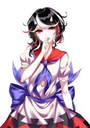 Rule 34 | 1girl, absurdres, bad id, bad pixiv id, black hair, blood, blood from mouth, dress, fangs, finger to mouth, grey horns, highres, horns, kijin seija, multicolored hair, neckerchief, puffy short sleeves, puffy sleeves, red eyes, sailor collar, sash, sheya, short sleeves, solo, streaked hair, touhou, white dress
