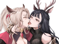 Rule 34 | 2girls, ^ ^, animal ears, antlers, arknights, artist name, bare shoulders, black hair, black sweater, brooch, closed eyes, commentary request, deer antlers, deer ears, gitano (arknights), grey hair, highres, horns, hui z jie, jewelry, long hair, mole, mole under mouth, multiple girls, signature, simple background, sweater, tongue, tongue out, tsukinogi (arknights), turtleneck, turtleneck sweater, upper body, white background, yuri