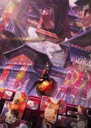 Rule 34 | 1girl, architecture, ball, banner, black hair, black kimono, black thighhighs, building, cloud, cloudy sky, commentary request, day, east asian architecture, fantasy, flag, floral print, flower, hair flower, hair ornament, highres, japanese clothes, kimono, long hair, long sleeves, looking away, obi, original, outdoors, parted lips, print kimono, sash, short kimono, sidelocks, sitting, sky, solo, sunlight, thighhighs, wide sleeves, zennmai siki