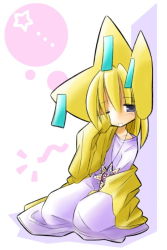Rule 34 | 1girl, blonde hair, blush, creatures (company), dress, eyebrows, game freak, gen 3 pokemon, grey eyes, hair between eyes, hat, jacket, jewelry, jirachi, legendary pokemon, long hair, long sleeves, mythical pokemon, necklace, nintendo, no nose, off-shoulder dress, off shoulder, one eye closed, open clothes, open jacket, pendant, personification, pokemon, pokemon rse, rascal (feuille), rubbing eyes, sitting, sleeves past wrists, solo, star (symbol), straight hair, tassel, wariza, white dress, yellow hat, yellow jacket