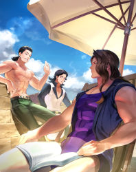 Rule 34 | 3boys, :d, abs, beach chair, beach umbrella, belt, black jacket, black shirt, blue sky, book, brown eyes, brown hair, cigarette, closed mouth, cloud, cloudy sky, collared shirt, grin, highres, holding, holding cigarette, jacket, jojo no kimyou na bouken, leotard, multiple boys, muscular, muscular male, navel, open mouth, ponytail, purple leotard, red eyes, rubber soul, shirt, sitting, sky, sleeveless, sleeveless jacket, smile, smoking, stardust crusaders, steely dan, teeth, topless male, umbrella, vanilla ice, vest, white vest, zouhyou (at4190)