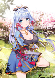 Rule 34 | 1girl, 3:, armor, ayaka (genshin impact), black gloves, blue eyes, blue jacket, blue skirt, blunt tresses, breastplate, breasts, bridal gauntlets, cherry blossoms, choker, cleavage, commentary request, day, dou, elbow gloves, floating hair, flower, flower knot, gauntlets, genshin impact, gloves, grass, hair ornament, hair ribbon, highres, jacket, japanese armor, japanese clothes, light blush, long hair, looking at viewer, medium breasts, mutang, neck tassel, outdoors, plant, ponytail, red ribbon, ribbon, sitting, skirt, solo, tassel, thighs, tress ribbon, white hair, wide sleeves
