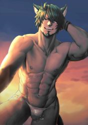 Rule 34 | 1boy, abs, alternate costume, animal ears, bara, bare pectorals, bulge, cat boy, cat ears, cat tail, character request, check copyright, commission, copyright request, facial hair, fire emblem, goatee, green hair, hand on own head, highres, large pectorals, male focus, male swimwear, mature male, muscular, muscular male, navel, nintendo, nipples, pectorals, selfie, short hair, shunta (syunta 87), skeb commission, smile, solo, stomach, sunset, swim briefs, tail, thick thighs, thighs, wet, white male swimwear