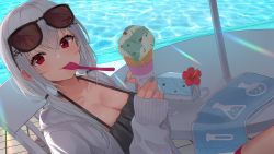 Rule 34 | 1girl, absurdres, bikini, black bikini, blue nails, breasts, cleavage, eyewear on head, flower, food, hair over shoulder, hakase fuyuki, highres, holding, holding food, ice cream, ice cream cone, jacket, looking at viewer, mouth hold, nail polish, nijisanji, open clothes, open jacket, red eyes, red flower, shima46, solo, sunglasses, swimsuit, twintails, utensil in mouth, virtual youtuber, white hair, white jacket