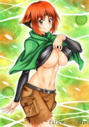 Rule 34 | 1girl, artist name, belt, blush, breasts, brown eyes, brown hair, brown shorts, capelet, clothes lift, cowboy shot, creatures (company), fingernails, game freak, gardenia (pokemon), green capelet, gym leader, highres, large breasts, looking at viewer, marker (medium), matching hair/eyes, midriff, multicolored hair, navel, nintendo, orange hair, pokemon, pokemon dppt, shirt lift, short hair, shorts, smile, solo, takecha, traditional media, two-tone hair, underboob