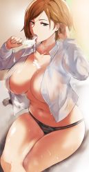 Rule 34 | 1girl, black panties, breasts, brown eyes, brown hair, cafekun, cleavage, collarbone, food, hammer, hand in own hair, hand up, highres, holding, jujutsu kaisen, kugisaki nobara, large breasts, licking, long sleeves, looking at viewer, navel, open clothes, panties, parted bangs, popsicle, sexually suggestive, shirt, short hair, sitting, solo, suggestive fluid, sweat, thighs, tongue, tongue out, underwear, white shirt
