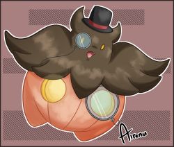 Rule 34 | :d, airenu, artist name, black hat, brown background, clothed pokemon, creatures (company), game freak, gen 6 pokemon, hat, highres, looking at viewer, monocle, nintendo, no humans, open mouth, pokemon, pokemon (creature), pumpkaboo, simple background, smile, solo, top hat, yellow eyes
