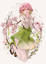 Rule 34 | 1girl, absurdres, branch, cherry blossoms, floating, gradient hair, green hair, green skirt, hana (h6n6 matsu), hands up, high-waist skirt, highres, leaf, long sleeves, looking at viewer, multicolored hair, original, own hands together, pink hair, red eyes, ribbon, shirt, shoes, short hair, skirt, solo, white shirt