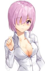 Rule 34 | 1girl, bad id, bad twitter id, blush, breasts, cleavage, collarbone, fate/grand order, fate (series), hair over one eye, large breasts, light smile, looking at viewer, mash kyrielight, open clothes, purple eyes, purple hair, shirt, short hair, shovelwell, simple background, solo, white background, white shirt