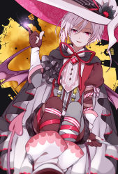 Rule 34 | 1boy, bat wings, black cape, boots, cape, fingerless gloves, flower, gloves, hat, hat flower, highres, idolish7, kujou tenn, looking at viewer, male focus, nail polish, pink eyes, ponto1588, red nails, red ribbon, ribbon, silhouette, tail, white footwear, white hair, white hat, wings