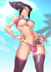 Rule 34 | 1futa, absurdres, bare shoulders, bikini, black hair, blue sky, breasts, covered erect nipples, cum, day, drill hair, ejaculation, erection, from below, full-package futanari, futanari, grin, han juri, handsfree ejaculation, highres, large breasts, large penis, long hair, looking at viewer, nail polish, navel, one eye closed, outdoors, palm tree, penis, pink bikini, pink thighhighs, purple eyes, shiny clothes, shiny skin, sky, smile, solo, source request, street fighter, street fighter iv (series), swimsuit, teeth, thighhighs, tomoyuki kotani, toned, tree, twin drills, uncensored, underboob, wink