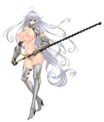 Rule 34 | 1girl, ahoge, armor, armored boots, boots, breasts, convenient censoring, full body, gauntlets, gorget, greatsword, greaves, grey hair, hayama kazusa, highres, holding, holding sword, holding weapon, large breasts, long hair, long sword, naked armor, navel, nipples, original, pauldrons, purple eyes, shoulder armor, sword, very long hair, weapon, white background