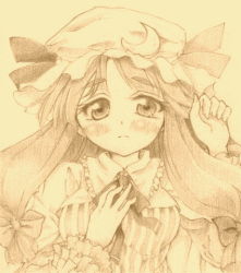 Rule 34 | 1girl, blush, colored pencil (medium), crescent, crescent moon, female focus, frills, hand on another&#039;s chest, hand on own chest, hat, long hair, lowres, momobi ran, monochrome, moon, patchouli knowledge, ribbon, sepia, solo, striped, touhou, traditional media