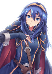 Rule 34 | 1girl, armor, backlighting, black shirt, blouse, blue eyes, blue gloves, blue hair, blue tunic, closed mouth, fingerless gloves, fire emblem, fire emblem awakening, gloves, hair between eyes, hairband, highres, long hair, looking at viewer, lucina (fire emblem), minamonochaba, nintendo, shirt, shoulder armor, simple background, smile, solo, upper body, white background, yellow hairband