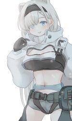 Rule 34 | 1girl, animal ears, arknights, aurora (arknights), bear ears, black gloves, black hairband, black shirt, blue eyes, breasts, cleavage, cleavage cutout, clothing cutout, commentary request, cowboy shot, crop top, cropped jacket, gloves, grey hair, grey shorts, grin, hairband, hand up, highres, jacket, large breasts, long hair, midriff, navel, partial commentary, pouch, shirt, short shorts, shorts, simple background, smile, solo, standing, stomach, thighs, tififox, very long hair, white background, white jacket