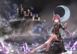 Rule 34 | 1girl, bad id, bad pixiv id, barefoot, belt, blue eyes, blush, bow, bowtie, castle, cleavage cutout, cliff, clothing cutout, crescent, crescent hair ornament, crescent moon, crystal, dark, fantasy, fog, gradient hair, hair ornament, hand gesture, hand up, heterochromia, horizon, light particles, looking at viewer, moon, multicolored hair, night, night sky, ocean, original, pleated skirt, pouch, purple hair, red eyes, rock, saraki, scenery, sitting, skirt, sky, smile, solo, water
