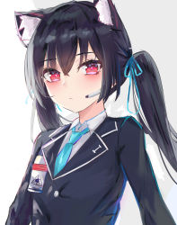 Rule 34 | 1girl, absurdres, animal ear fluff, animal ears, black hair, black jacket, blazer, blue archive, blue necktie, blue ribbon, collared shirt, commentary request, grey background, hair between eyes, hair ribbon, headset, highres, jacket, long hair, looking at viewer, lshiki, necktie, red eyes, ribbon, serika (blue archive), shirt, solo, twintails, two-tone background, upper body, white background, white shirt