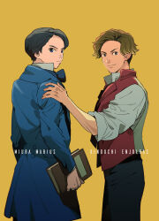 Rule 34 | 2boys, blue eyes, blue jacket, book, brown eyes, brown hair, character name, enjolras, hand on another&#039;s shoulder, highres, holding, holding book, jacket, les miserables, looking at viewer, male focus, marius (les miserables), multiple boys, short hair, standing, t k g, yellow background