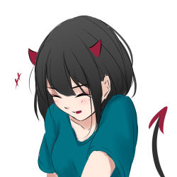 Rule 34 | 1girl, black hair, blush, breasts, closed eyes, collarbone, demon girl, demon horns, demon tail, green shirt, grey background, horns, medium breasts, medium hair, open mouth, original, portrait, red horns, shimmer, shirt, short sleeves, simple background, smile, solo, tail, white background