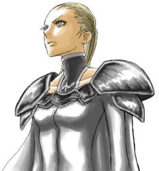 Rule 34 | 00s, 1girl, armor, blue eyes, bodysuit, breastplate, claymore (series), closed mouth, collar, collarbone, expressionless, long hair, lowres, pauldrons, ponytail, shoulder armor, shoulder pads, simple background, skin tight, solo, upper body, veronica, white background