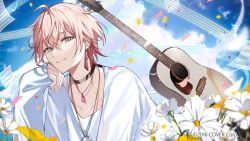 Rule 34 | 1boy, acoustic guitar, ahoge, black choker, choker, copyright notice, cosmos (flower), crossed bangs, day, earrings, falling petals, flower, green eyes, guitar, hair between eyes, head rest, highres, holostars, instrument, jewelry, light particles, looking at viewer, male focus, musical note, official art, pendant, petals, pink hair, rikka (holostars), sheet music, shirt, short hair, single earring, sleeves past wrists, smile, solo, upper body, virtual youtuber, white flower, white shirt, yellow flower, yui (linaw-key08)