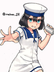 Rule 34 | 1girl, black hair, blue eyes, blue sailor collar, bob cut, cowboy shot, daitou (kancolle), depth charge, dress, hat, high ponytail, highres, kantai collection, maakun (makun dx), one-hour drawing challenge, sailor collar, sailor dress, sailor hat, short hair, short ponytail, short sleeves, simple background, solo, twitter username, white background, white dress, white hat
