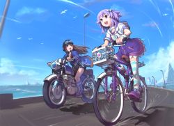 Rule 34 | 2girls, :d, alternate eye color, bicycle, bird, black choker, black shorts, blue footwear, blue jacket, blue sky, blue thighhighs, boots, brown eyes, brown hair, choker, city, cloud, collarbone, commentary request, d-pad, d-pad hair ornament, day, drawstring, dress, full body, goggles, goggles on headwear, hair ornament, helmet, hood, hoodie, if (neptunia), jacket, lamppost, long hair, looking at another, motor vehicle, motorcycle, motorcycle helmet, multiple girls, neptune (neptunia), neptune (series), open clothes, open jacket, open mouth, outdoors, purple dress, purple eyes, purple footwear, purple hair, segamark, shadow, shoes, short shorts, short sleeves, shorts, sidelocks, sky, smile, sneakers, striped clothes, striped legwear, striped thighhighs, thighhighs, thighs, water, white choker, white hoodie, white legwear, zettai ryouiki