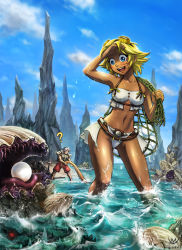 Rule 34 | 10s, 1boy, 1girl, 2011, :d, ?, armor, bait, beach, bikini, blonde hair, blue eyes, blush, breasts, clam, cloud, dark skin, day, gem, goggles, goggles on head, jagged rocks, kelwin grissom, maxa&#039;, monster, navel, net, open mouth, original, outdoors, partially submerged, pearl (gemstone), red eyes, seashell, sharp teeth, shell, shorts, shoulder pads, silver hair, sky, small breasts, smile, swimsuit, sword, teeth, tentacles, tild - mage a louer, tild framith, wading, water, weapon, wet, white bikini