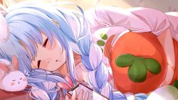 Rule 34 | 1girl, animal ear fluff, animal ears, backlighting, blue hair, breast press, breasts, cellphone, closed eyes, commentary request, highres, holding, holding phone, hololive, lying, medium breasts, multicolored hair, nira (vira), on side, parted lips, phone, rabbit ears, shirt, short eyebrows, short sleeves, sleeping, solo, stuffed carrot, stuffed toy, thick eyebrows, twitter, two-tone hair, upper body, usada pekora, virtual youtuber, white hair, white shirt, zzz