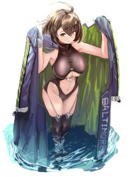 Rule 34 | 1girl, absurdres, ahoge, arms up, azur lane, baltimore (azur lane), bare shoulders, black leotard, black thighhighs, blue coat, blush, braid, breasts, brown hair, center opening, character name, clothing cutout, coat, coat on shoulders, collarbone, french braid, full body, garter straps, gloves, hair between eyes, hey taisyou, highres, holding, holding clothes, holding coat, hood, hooded coat, large breasts, leotard, looking at viewer, multicolored coat, navel, parted lips, short hair, sidelocks, simple background, skindentation, smile, solo, standing, stomach cutout, taut leotard, thighhighs, underboob, underboob cutout, wading, water, white background, white gloves, yellow eyes
