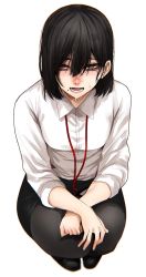 Rule 34 | 1girl, :d, black footwear, black hair, black skirt, blouse, blush, bob cut, closed mouth, collared shirt, eyeshadow, full body, grey skirt, hands on own knees, highres, hoshi san 3, lanyard, long sleeves, looking at viewer, makeup, medium hair, miniskirt, mole, mole under eye, mole under mouth, office lady, open mouth, original, pantyhose, pencil skirt, shirt, shoes, simple background, skirt, smile, solo, squatting, sweat, white background, white shirt, wing collar
