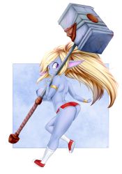 Rule 34 | 1girl, absurdres, ass, big hair, blue skin, breasts, colored skin, fang, hair between eyes, hammer, highres, holding, large breasts, league of legends, long hair, looking at viewer, nipples, pointy ears, poppy (league of legends), purple eyes, shorts, twintails, weapon, wide hips, ya-ya-tan, yordle