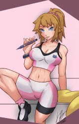 Rule 34 | 1girl, artist name, bike shorts, blue eyes, breasts, brown hair, cleavage, gundam, gundam build fighters, highres, hoshino fumina, jacket, large breasts, legs, looking at viewer, midriff, navel, open clothes, open jacket, parted lips, ponytail, seductive smile, smile, sports bra, sportswear, thighs, toned