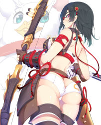Rule 34 | 1girl, arm ribbon, armband, armor, arrow (projectile), ass, back, bare shoulders, belt, bikini armor, black hair, black thighhighs, blue eyes, blush, bow (weapon), breasts, brown gloves, closed mouth, cowboy shot, crotch seam, faulds, flower, from behind, from below, glasses, gloves, hair flower, hair ornament, holding, holding weapon, japanese armor, large breasts, looking at viewer, midriff, orb, partially fingerless gloves, projected inset, quiver, red-framed eyewear, red eyes, ribbon, rope, sabano niwatori, seiken manifestia, shorts, solo, thigh strap, thighhighs, vambraces, weapon, white shorts