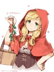 Rule 34 | 1girl, ace attorney, bag, blonde hair, capelet, character name, closed mouth, firecrackers, green eyes, hand on own hip, heart, holding, hood, hood up, hooded capelet, long hair, looking at viewer, red hood, shigatake, simple background, smile, solo, the great ace attorney, the great ace attorney 2: resolve, thick eyebrows, upper body, venus (ace attorney), white background