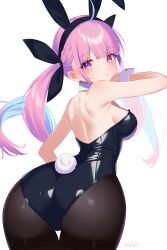 Rule 34 | 1girl, alternate costume, animal ears, artist name, ass, back, bare shoulders, black hairband, black leotard, black pantyhose, black ribbon, blue hair, blush, breasts, collar, colored inner hair, commentary, detached collar, fake animal ears, fake tail, from behind, hair ribbon, hairband, highres, hololive, large breasts, leotard, light blue hair, long hair, looking at viewer, looking back, median furrow, minato aqua, multicolored hair, pantyhose, pink eyes, pink hair, playboy bunny, rabbit ears, rabbit tail, ribbon, shoulder blades, simple background, solo, strapless, strapless leotard, streaked hair, tail, thigh gap, thighband pantyhose, twintails, twitter username, two-tone hair, virtual youtuber, white background, white collar, white tail, white wrist cuffs, wrist cuffs, you06