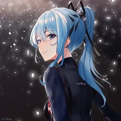 Rule 34 | 1girl, absurdres, blue eyes, blue hair, highres, hololive, hoshimachi suisei, long hair, long sleeves, looking at viewer, ponytail, smile, solo, virtual youtuber, zakimpo