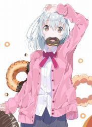 Rule 34 | 1girl, arm up, black skirt, breasts, brown eyes, cardigan, collared shirt, commentary request, doughnut, dress shirt, food, hair between eyes, highres, long sleeves, looking at viewer, mouth hold, open cardigan, open clothes, original, pink cardigan, pleated skirt, shirt, silver hair, simple background, skirt, sleeves past wrists, small breasts, solo, tantan men (dragon), white background, white shirt