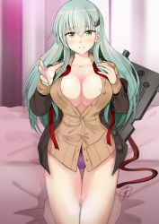 Rule 34 | 10s, 1girl, aqua eyes, aqua hair, areola slip, bed sheet, blush, bowtie, breasts, buttons, cardigan, curtains, hair ornament, hairclip, jacket, kantai collection, kneeling, large breasts, long hair, machinery, neck ribbon, open clothes, open jacket, panties, parted lips, purple panties, reaching, remodel (kantai collection), ribbon, signature, smile, solo, suzuya (kancolle), unbuttoned, underwear, undone bowtie, undone neck ribbon, yamasaki wataru