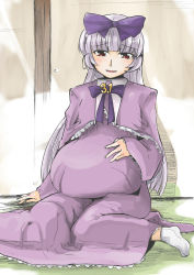 Rule 34 | 1girl, 3.1-tan, aged up, bad id, bad pixiv id, bow, character name, dress, grey hair, hair bow, hand on own stomach, hime cut, indoors, legs, long hair, looking at viewer, no shoes, on floor, os-tan, pregnant, purple bow, purple dress, sitting, solo, tabi, tatami, very long hair, yuumano yuuki