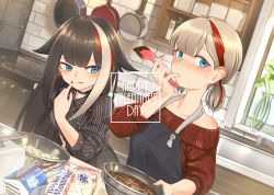 Rule 34 | 2girls, admiral graf spee (azur lane), alternate costume, alternate hairstyle, apron, azur lane, bare shoulders, black choker, black hair, blue eyes, blush, chocolate, chocolate making, choker, collared shirt, commentary request, deutschland (azur lane), food, gascogne (azur lane), high-waist skirt, highres, indoors, kitchen, leaning forward, licking lips, long hair, looking at another, looking at viewer, marshmallow, milk, multicolored hair, multiple girls, nail polish, plant, pot, potted plant, red nails, red sweater, seigetsu kotaku, shirt, short hair, sidelocks, skirt, spatula, stove, streaked hair, striped clothes, striped shirt, sweatdrop, sweater, tongue, tongue out, valentine, very long hair, white hair