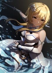 Rule 34 | 1girl, ashiminoe, bare shoulders, blonde hair, breasts, cleavage, detached sleeves, dress, flower, genshin impact, hair between eyes, hair flower, hair ornament, highres, holding, holding sword, holding weapon, looking at viewer, lumine (genshin impact), short hair with long locks, solo, sword, weapon, white dress, white flower, yellow eyes