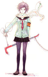 Rule 34 | 1girl, cardigan, chihiro (kemonomichi), crowbar, glasses, holding, holding crowbar, original, pantyhose, scarf, school uniform, serafuku, simple background, solo, weapon