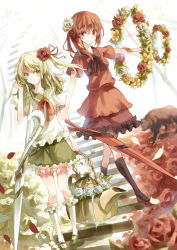 Rule 34 | 2girls, asuka (louyun), bad id, bad pixiv id, bear, field, flower, flower field, green eyes, green hair, grimm&#039;s fairy tales, hair flower, hair ornament, hand in own hair, kettle, lance, long hair, looking at viewer, multiple girls, original, outstretched arm, oversized object, polearm, princess royale, red eyes, red hair, rose, shirt, short sleeves, skirt, skirt set, smile, stairs, teapot, weapon, white flower, white rose, wreath
