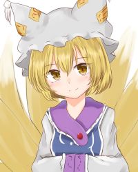 Rule 34 | 1girl, animal ears, animal hat, blonde hair, breasts, dakuazu, dress, fox ears, fox tail, hat, highres, light blush, looking at viewer, medium breasts, mob cap, multiple tails, mob cap, short hair, simple background, smile, solo, tabard, tail, touhou, upper body, white background, white dress, yakumo ran, yellow eyes