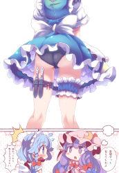 Rule 34 | 2girls, :o, ^^^, ass, black panties, blue eyes, blue hair, blush, blush stickers, bow, braid, cameltoe, crescent, flying sweatdrops, from behind, hair bow, hat, highres, holster, izayoi sakuya, kneepits, knife, lace, lace-trimmed panties, lace trim, bridal garter, long hair, long sleeves, maid, maid headdress, multiple girls, panties, pantyshot, patchouli knowledge, purple eyes, purple hair, short hair, short sleeves, standing, takahero, thigh holster, thigh strap, throwing knife, touhou, translation request, underwear, weapon, wide sleeves